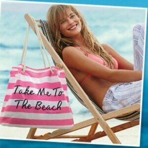 Victorias Secret Pink White Stripe Canvas Take Me To The Beach Tote Rope Handles